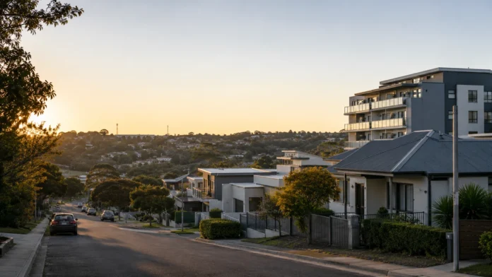 Early-morning regional Australian streetscape with modest homes, a low-rise apartment building and limited street parking, reflecting housing supply pressure and resilient regional property markets.