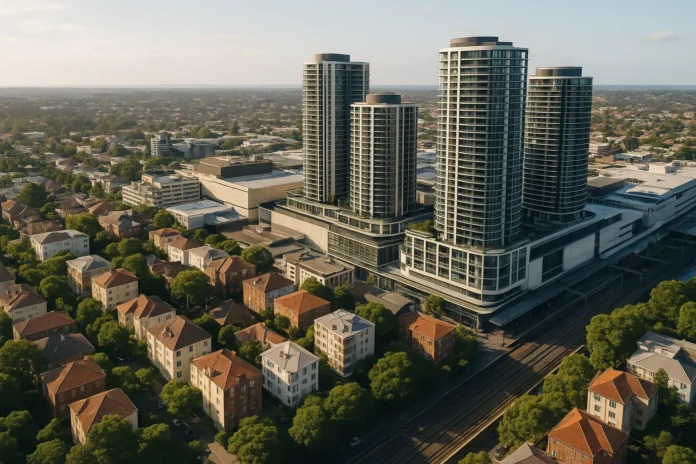 Aerial view of Bondi Junction showing high-rise apartment towers near the retail and rail interchange